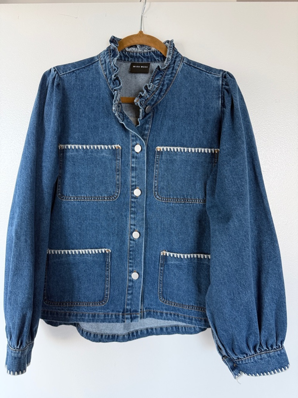 Ruffled Collar Denim Jacket in Medium Blue